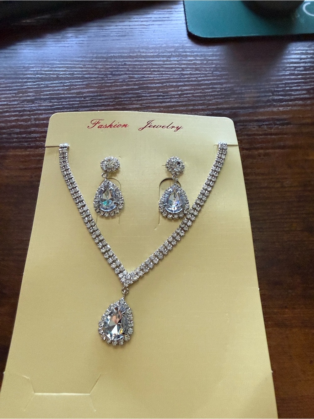 Clear Crystal Teardrop Pendant Necklace, Bracelet and Earring Set -
